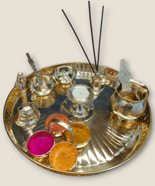 10 pc 12"Brass Pooja Thali Set, Traditional Puja Plate for Daily Rituals & Festive Use