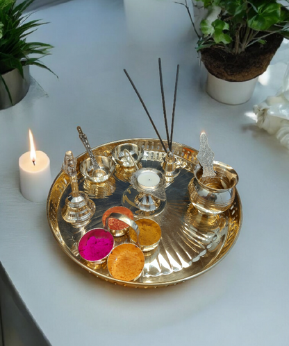 10 pc 12"Brass Pooja Thali Set, Traditional Puja Plate for Daily Rituals & Festive Use