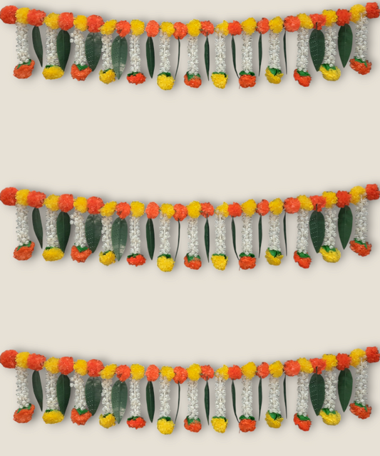 1Pc Artificial Marigold and Jasmine Toran with Mango Leaves, Door Hanging Decoration