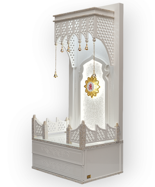 Traditional White Wooden Floor Standing Pooja Mandir with Bell Décor and Floral OM Back Panel – Temple for Home