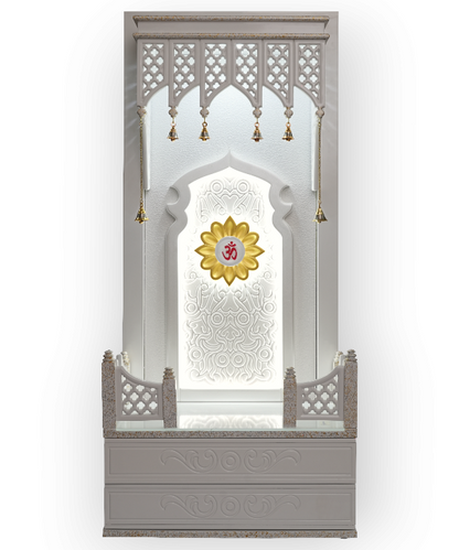 Traditional White Wooden Floor Standing Pooja Mandir with Bell Décor and Floral OM Back Panel – Temple for Home