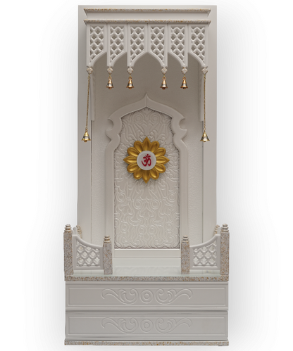 Traditional White Wooden Floor Standing Pooja Mandir with Bell Décor and Floral OM Back Panel – Temple for Home