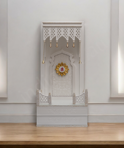 Traditional White Wooden Floor Standing Pooja Mandir with Bell Décor and Floral OM Back Panel – Temple for Home