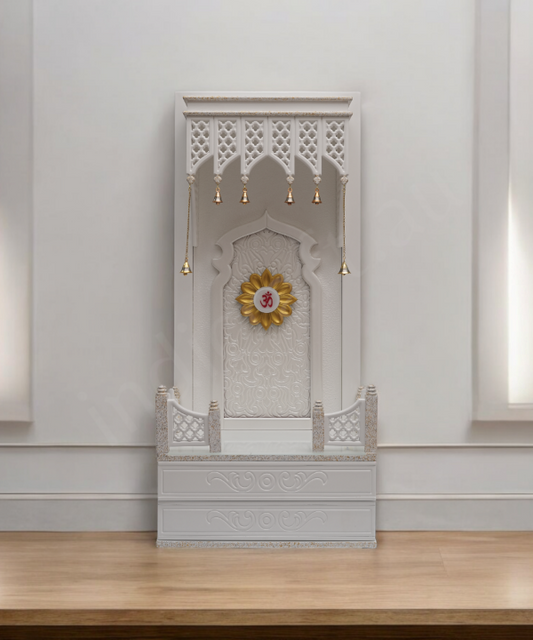 Traditional White Wooden Floor Standing Pooja Mandir with Bell Décor and Floral OM Back Panel – Temple for Home