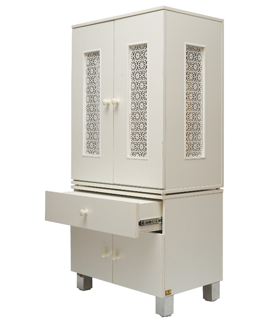 Elegant White Wooden Pooja Mandir with LED Backlight and OM Design – Floor Standing Temple for Home