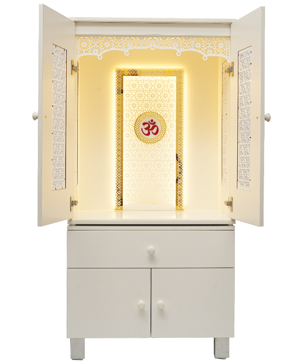 Elegant White Wooden Pooja Mandir with LED Backlight and OM Design – Floor Standing Temple for Home