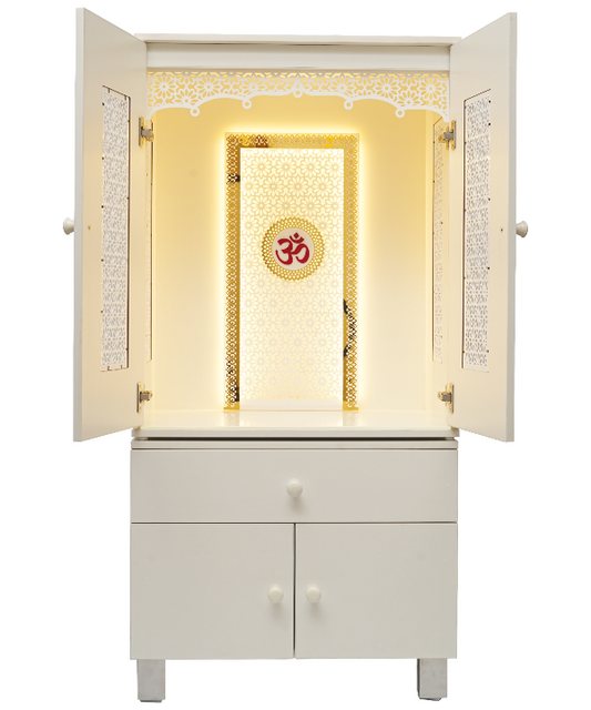 Elegant White Wooden Pooja Mandir with LED Backlight and OM Design – Floor Standing Temple for Home