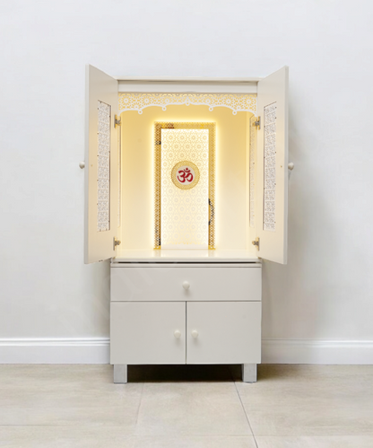 Elegant White Wooden Pooja Mandir with LED Backlight and OM Design – Floor Standing Temple for Home