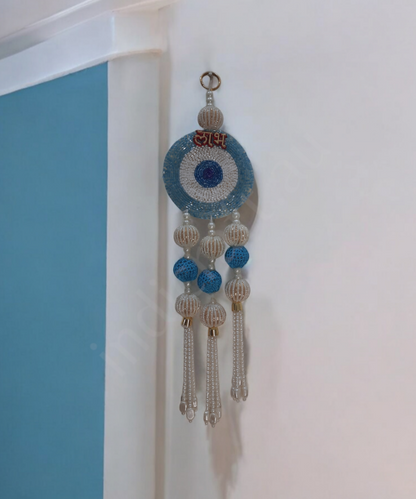 1 Pair Shubh Labh Beaded Wall Hanging – Decorative Blue & White Pearl Bead Strings 1 Pair for Home & Pooja Room (Set Of 2)