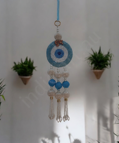 1 Pair Shubh Labh Beaded Wall Hanging – Decorative Blue & White Pearl Bead Strings 1 Pair for Home & Pooja Room (Set Of 2)