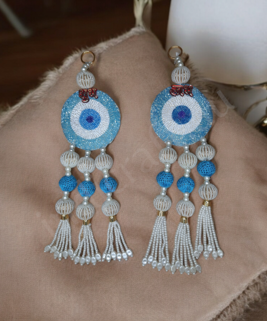 1 Pair Shubh Labh Beaded Wall Hanging – Decorative Blue & White Pearl Bead Strings 1 Pair for Home & Pooja Room (Set Of 2)