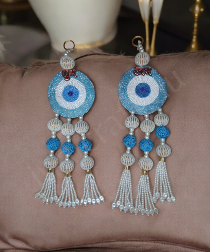 1 Pair Shubh Labh Beaded Wall Hanging – Decorative Blue & White Pearl Bead Strings 1 Pair for Home & Pooja Room (Set Of 2)