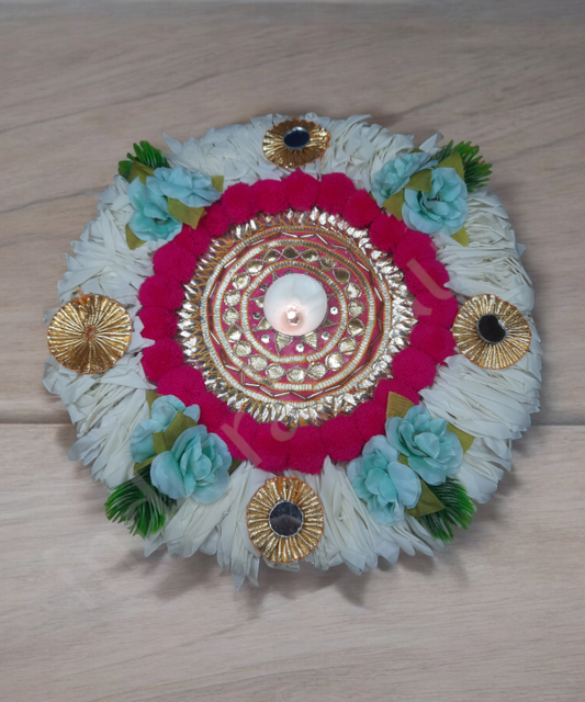 1pc 10inch Handmade Rangoli Mat Round Pom Pom & Mirror Work TeaLight Holder for Home Decor