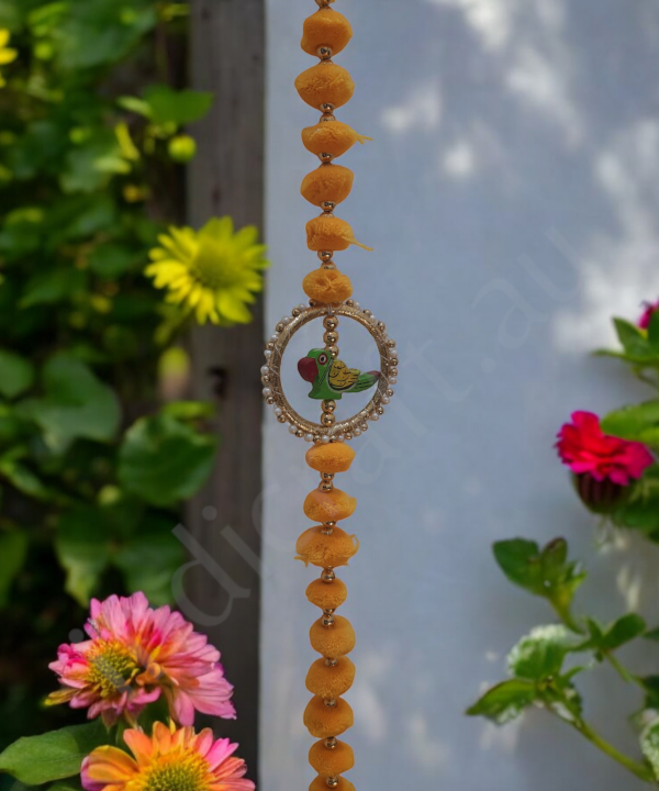 Handmade Woolen Marigold Wall Hanging with Parrot Embellishment – Festive Hanging for Home Decor, 1 Pair