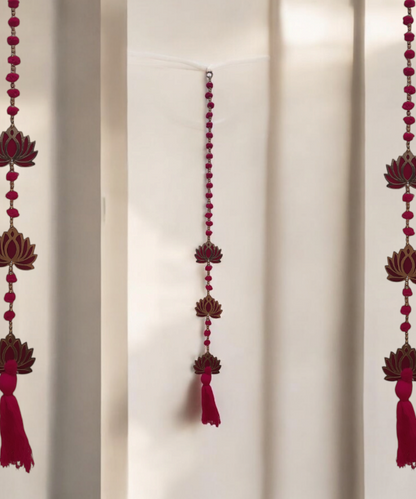 Red Lotus Hanging Toran String with Beads & Tassel – Traditional Indian Wall Decor 1Pair