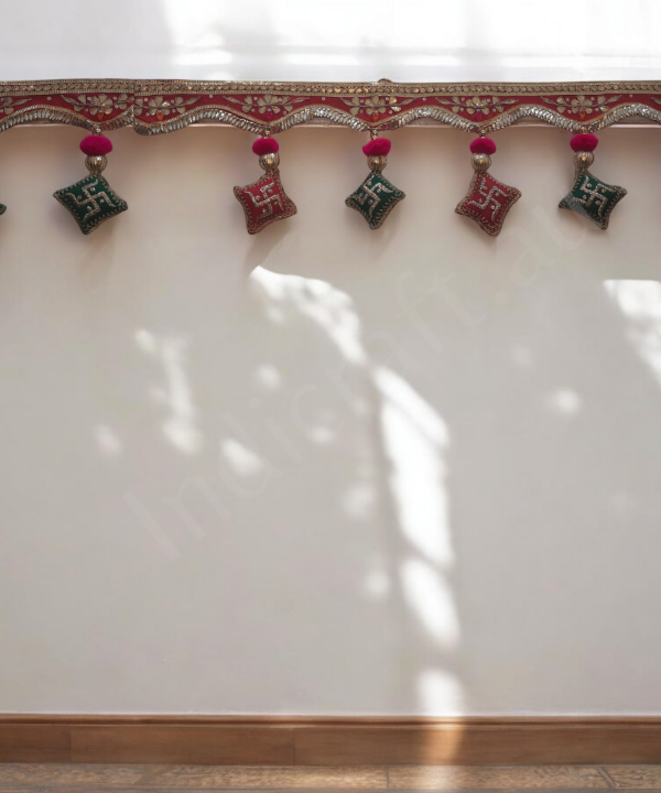 Handmade Swastik & Riddhi Siddhi Toran – Velvet Decorative Bandhanwar for Door with Beads, Mirrors & Embroidery 1Pc