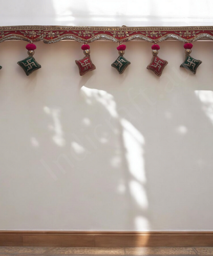 Handmade Swastik & Riddhi Siddhi Toran – Velvet Decorative Bandhanwar for Door with Beads, Mirrors & Embroidery 1Pc