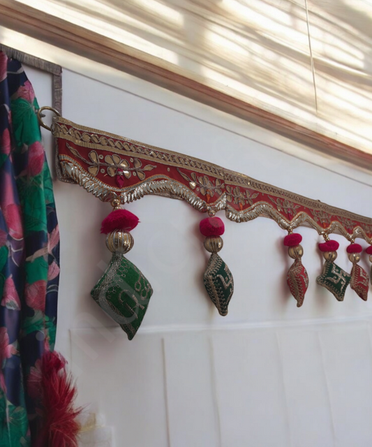 Handmade Swastik & Riddhi Siddhi Toran – Velvet Decorative Bandhanwar for Door with Beads, Mirrors & Embroidery 1Pc