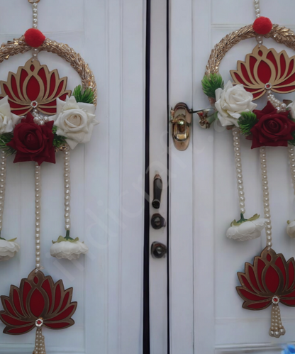 Decorative Lotus Floral Wall Hanging Latkan – Set of 2 | Handmade Door/Pooja Décor with Pearls & Artificial Roses