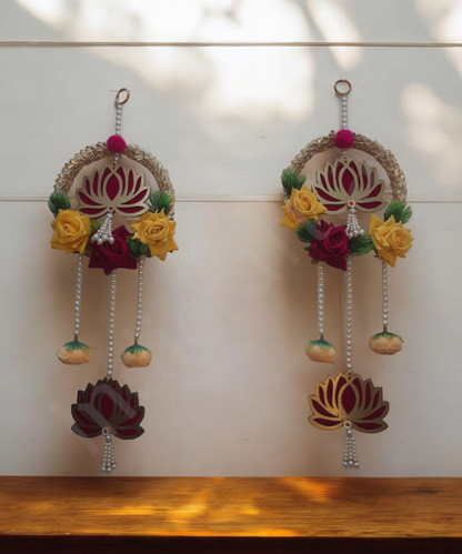 Decorative Lotus Floral Wall Hanging Latkan – Set of 2 | Handmade Door/Pooja Décor with Pearls & Artificial Roses