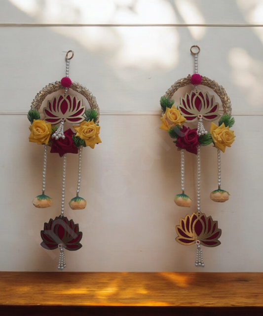 Decorative Lotus Floral Wall Hanging Latkan – Set of 2 | Handmade Door/Pooja Décor with Pearls & Artificial Roses