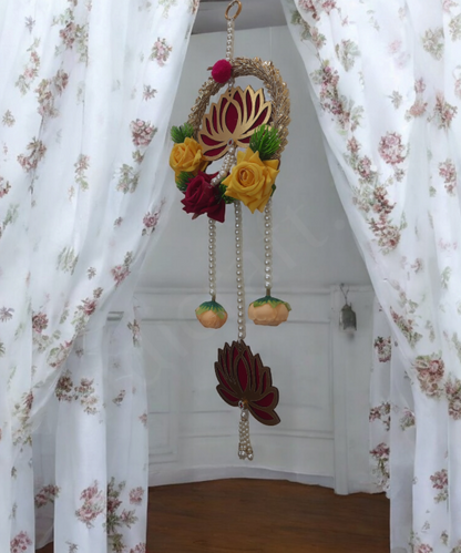Decorative Lotus Floral Wall Hanging Latkan – Set of 2 | Handmade Door/Pooja Décor with Pearls & Artificial Roses