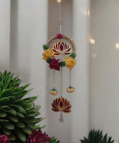 Decorative Lotus Floral Wall Hanging Latkan – Set of 2 | Handmade Door/Pooja Décor with Pearls & Artificial Roses