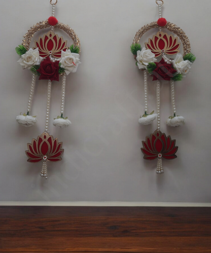 Decorative Lotus Floral Wall Hanging Latkan – Set of 2 | Handmade Door/Pooja Décor with Pearls & Artificial Roses