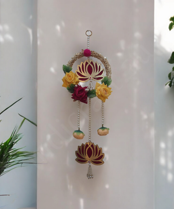 Decorative Lotus Floral Wall Hanging Latkan – Set of 2 | Handmade Door/Pooja Décor with Pearls & Artificial Roses