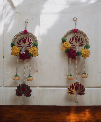 Decorative Lotus Floral Wall Hanging Latkan – Set of 2 | Handmade Door/Pooja Décor with Pearls & Artificial Roses
