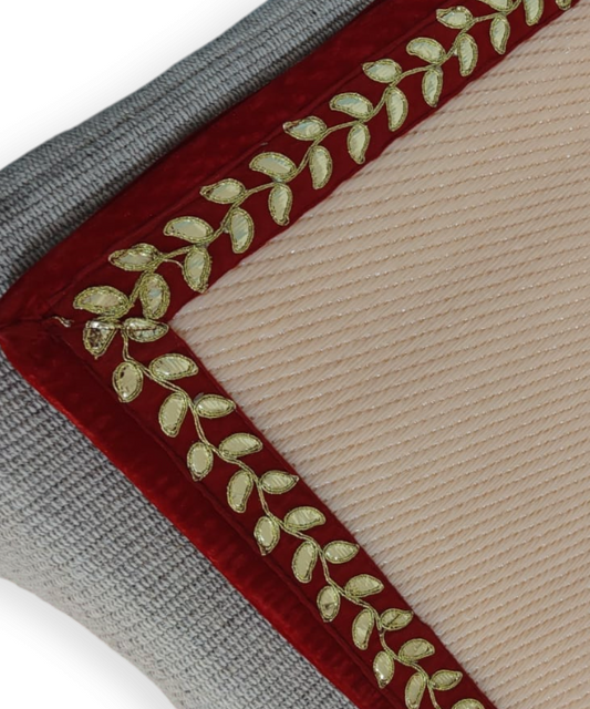 Peach Nylon Handmade Chatai/Mat with Red & Golden sequins work on the Trim/Lace 24x24 (in inch)