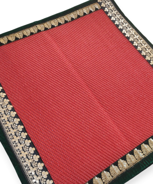 Red Nylon Handmade Chatai/Mat with Green & Golden sequins work on the Trim/Lace 24x24 (in inch)