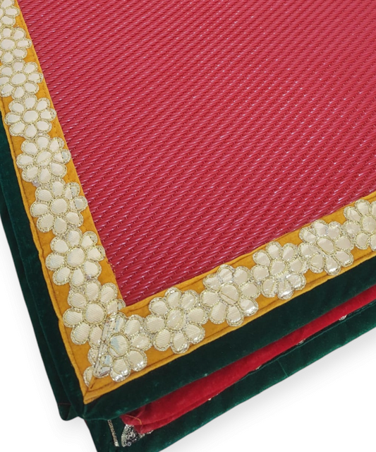 Red Nylon Handmade Chatai/Mat with Yellow & Golden sequins work on the Trim/Lace 24x24 (in inch)
