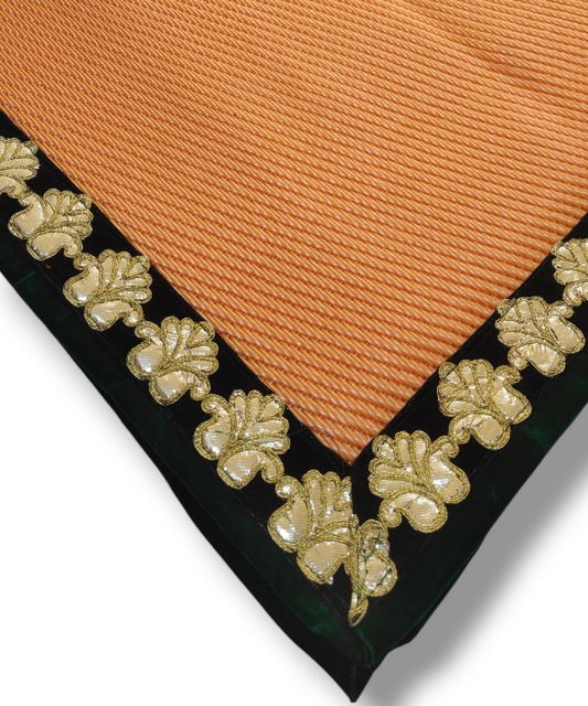 Orange Nylon Handmade Chatai/Mat with Green & Golden sequins work on the Trim/Lace 24x24 (in inch)