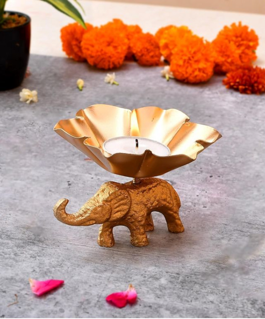 Golden Elephant Tealight Candle Holder – Decorative Diya Stand for Home, Festive Decor, Pooja & Gifting