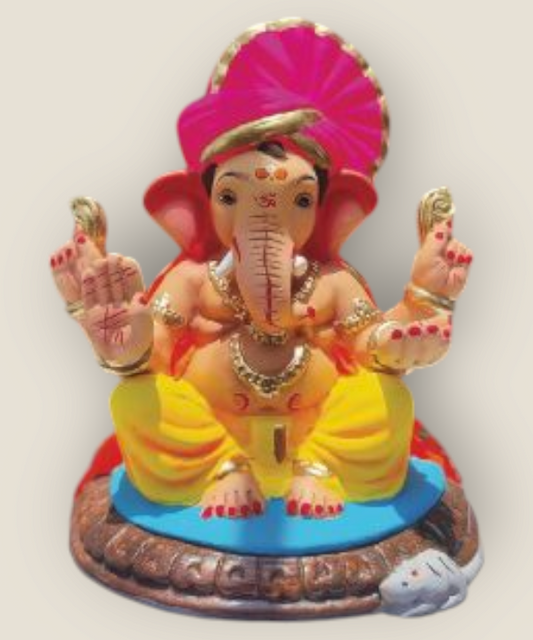 12" Eco-Friendly Clay Colorful Pagdi Ganesha Idol : HandPainted