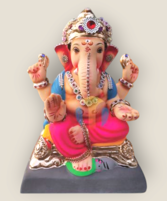 10" Eco-Friendly Clay Dagadu Sheth Ganpati Idol : HandPainted,Diamond Work