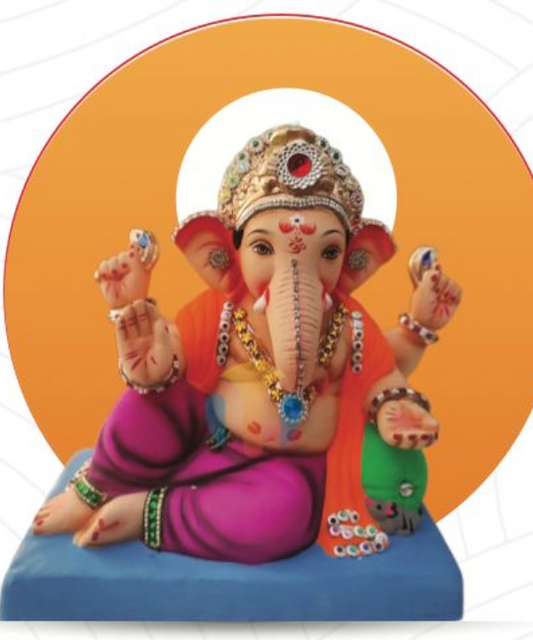 10" Eco-Friendly Clay Single Bolster Ganpati Idol : HandPainted,Diamond Work