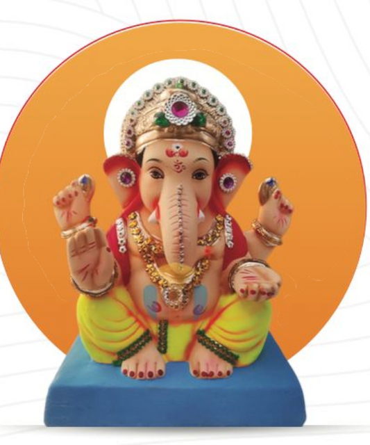 10" Eco-Friendly Clay Ganpati Idol : HandPainted,Diamond Work