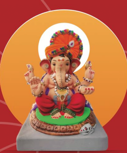 12" Eco-Friendly Clay with Pagdi Ganpati Idol : HandPainted,Diamond Work