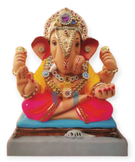 12" Eco-Friendly Clay Dagdusheth Style Ganpati Idol : HandPainted,Diamond Work