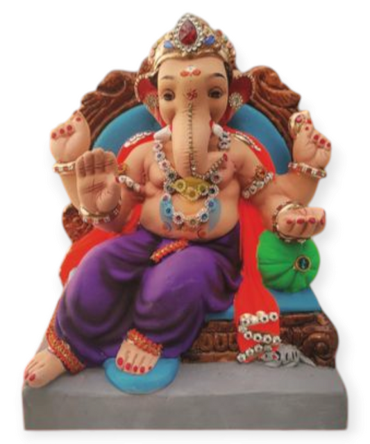 12" Eco-Friendly Clay Single Bolster with Throne Ganpati Idol : HandPainted,Diamond Work