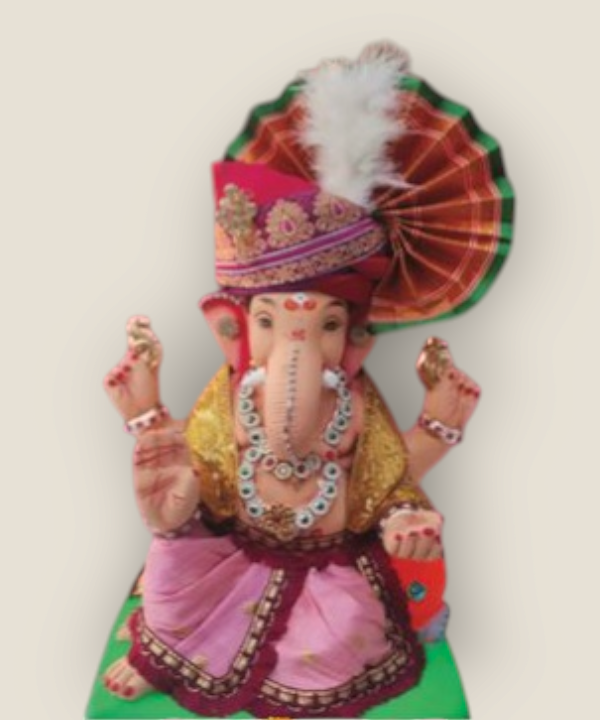 12" Eco-Friendly Clay Single Bolster Ganpati Idol : HandPainted,Diamond,Cloth Work