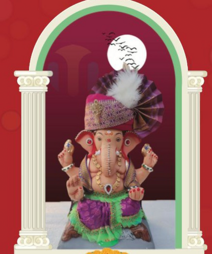 12" Eco-Friendly Clay Phetawala Ganpati Idol : HandPainted,Diamond Work,Cloth Work