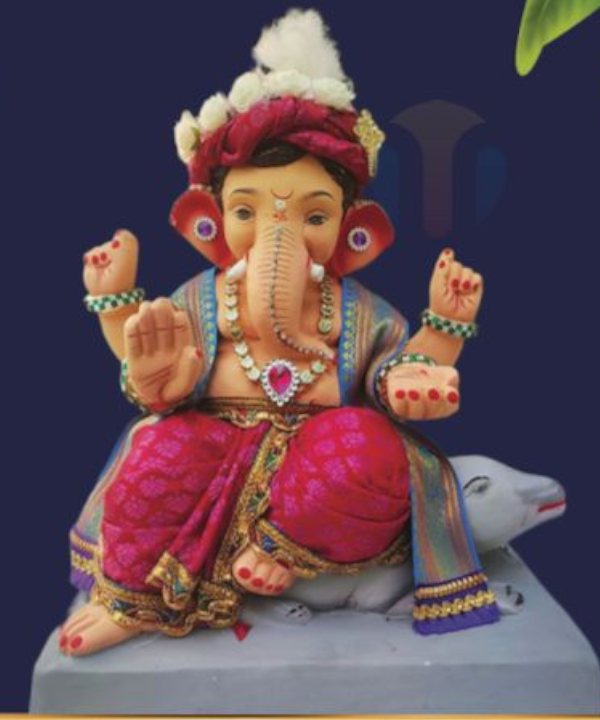15" Eco-Friendly Clay Ganpati Idol : HandPainted,Diamond Work,Cloth Decoration