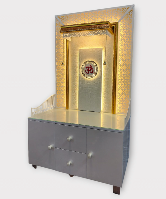 Divine Wooden Pooja Mandir with Elegant Lighting