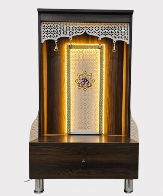 Premium Wooden Pooja Mandir for Home with LED Lights, Brass Bells & Storage Drawer – Modern Temple for Idols