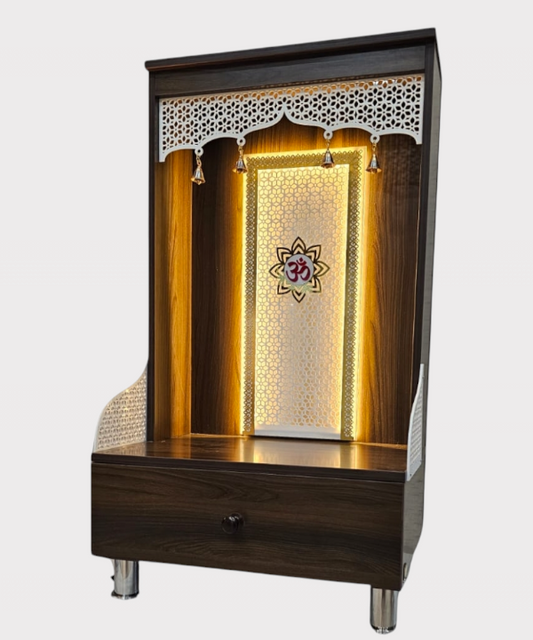 Premium Wooden Pooja Mandir for Home with LED Lights, Brass Bells & Storage Drawer – Modern Temple for Idols