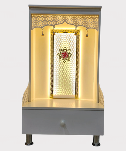 Premium Wooden Pooja Mandir for Home with LED Lights, Brass Bells & Storage Drawer – Modern Temple for Idols
