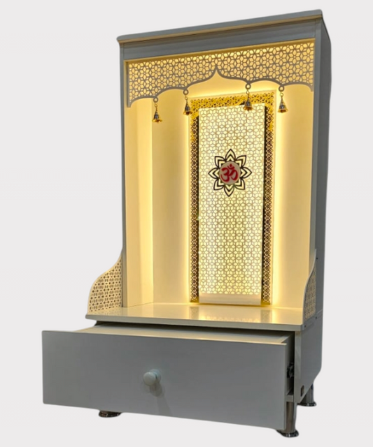 Premium Wooden Pooja Mandir for Home with LED Lights, Brass Bells & Storage Drawer – Modern Temple for Idols